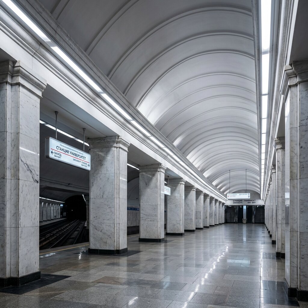 Светодиодное освещение станции метро — линейные светильники вдоль свода платформы