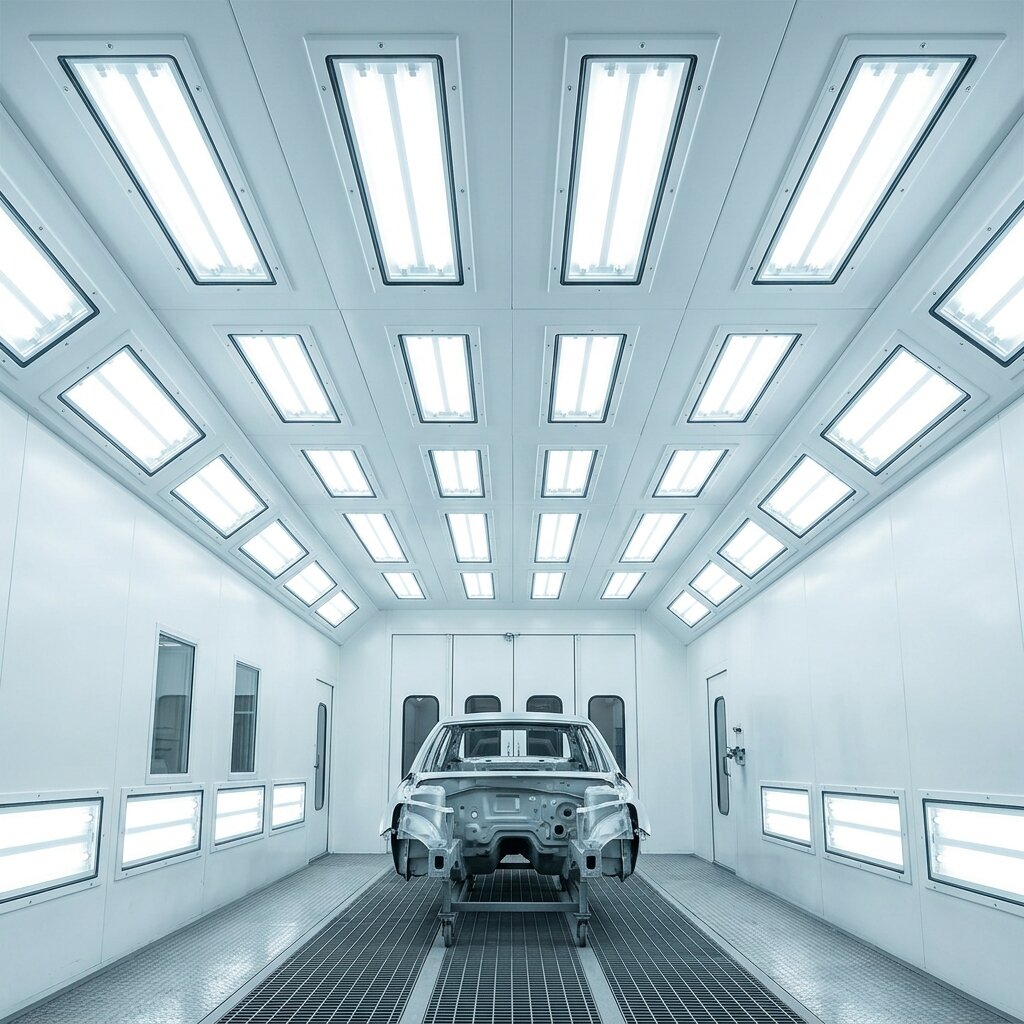 Освещение покрасочной камеры автосервиса встраиваемыми герметичными светодиодными светильниками