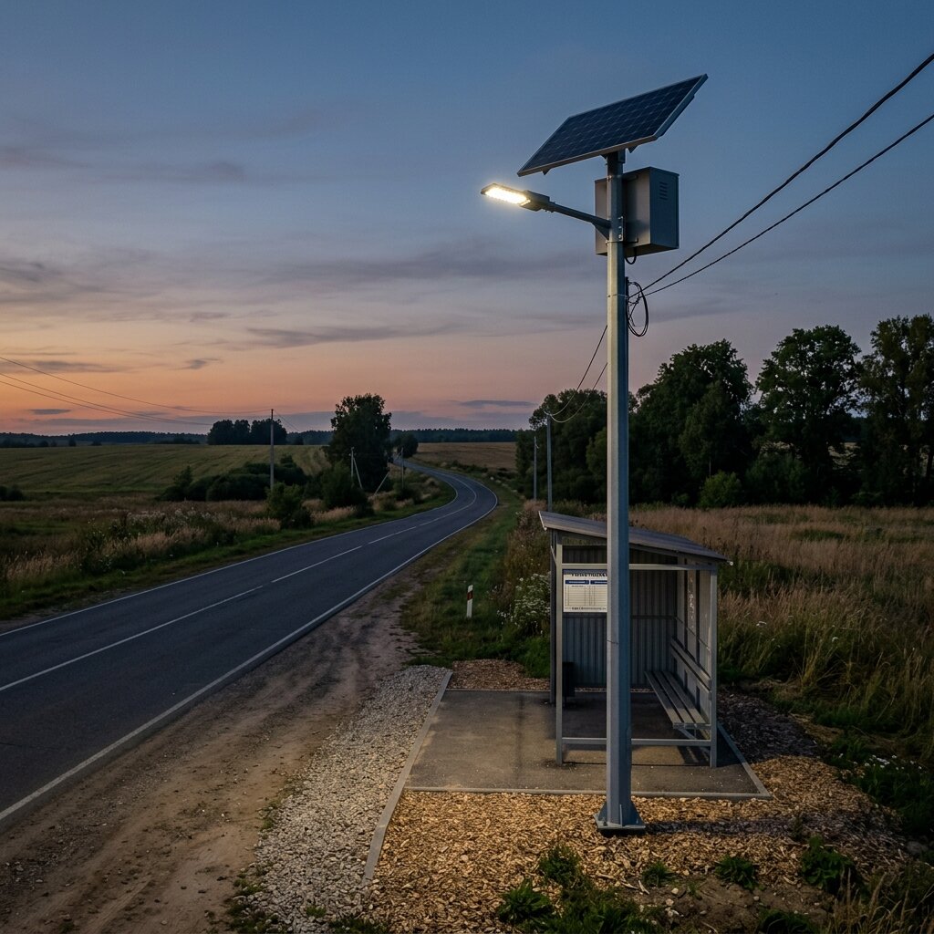 Автономное освещение автобусной остановки на загородной дороге со светильником на солнечных батареях