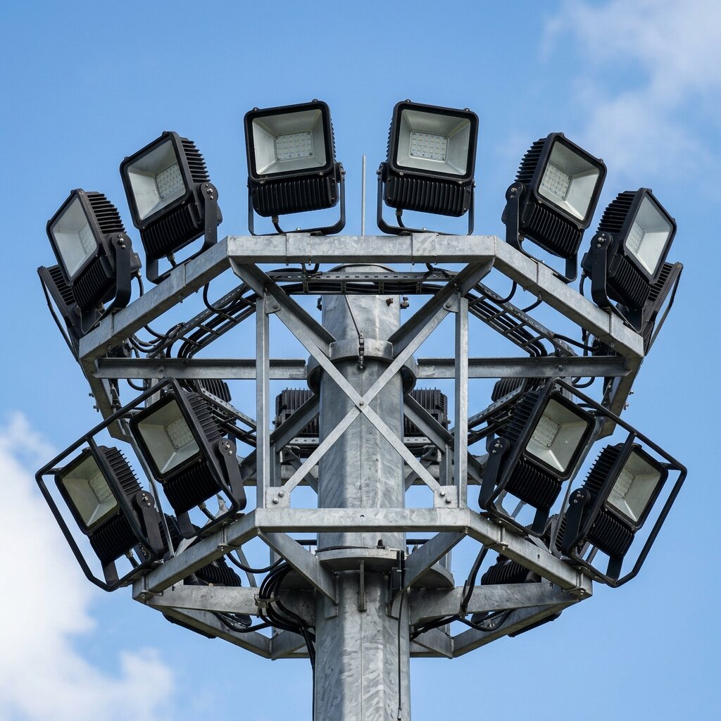 Корона мачты освещения стадиона со светодиодными прожекторами в защитных рамах