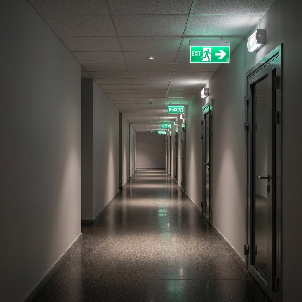 Аварийное эвакуационное освещение коридора офисного здания со светодиодными указателями выхода