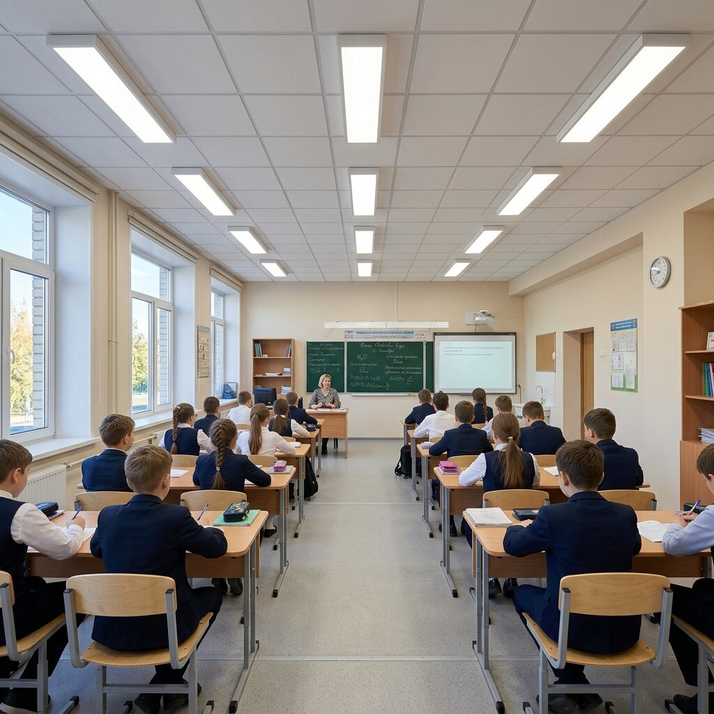 Освещение в школьном классе — LED-светильники над рядами парт