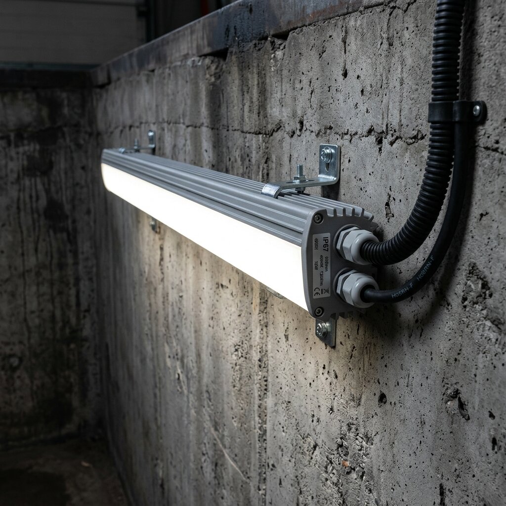 Монтаж герметичного линейного светодиодного светильника на стене смотровой ямы с защитой кабеля в гофре