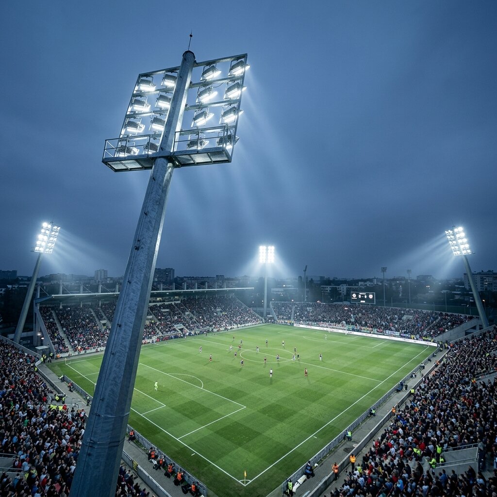Освещение футбольного стадиона высокомачтовыми опорами со светодиодными прожекторами
