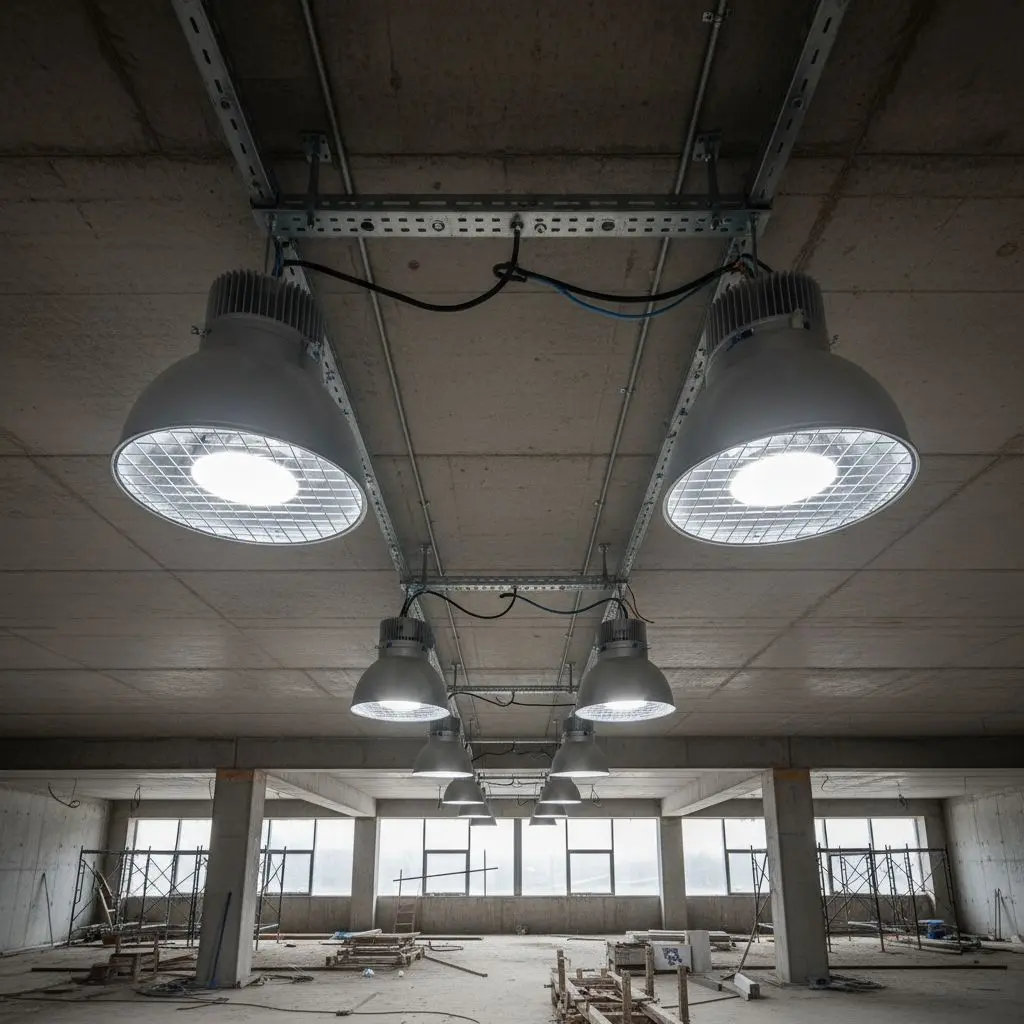 Промышленные светодиодные светильники под перекрытием строящегося здания
