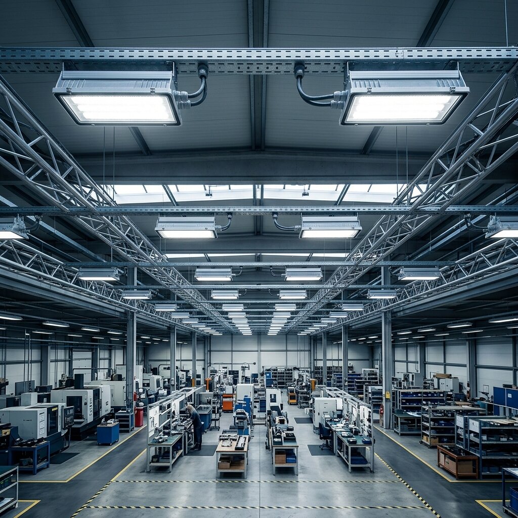 Промышленные светодиодные светильники в производственном цехе с высокими потолками