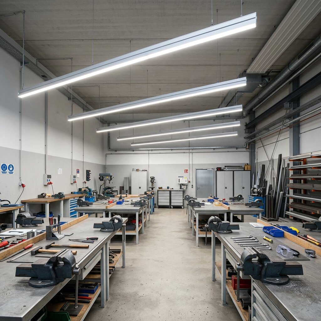 Промышленный линейный светодиодный светильник IP65 над слесарным верстаком
