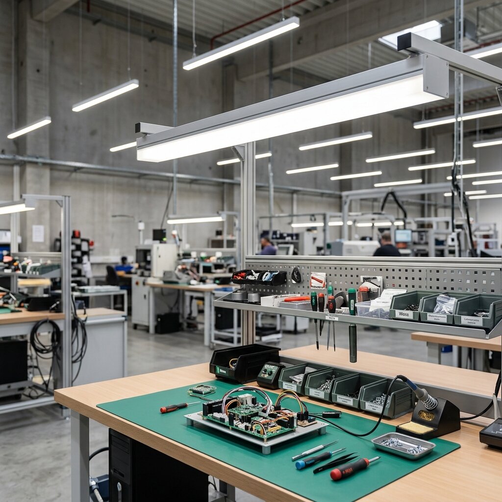 Местное освещение рабочего места сборщика: линейный светильник над верстаком в цеху