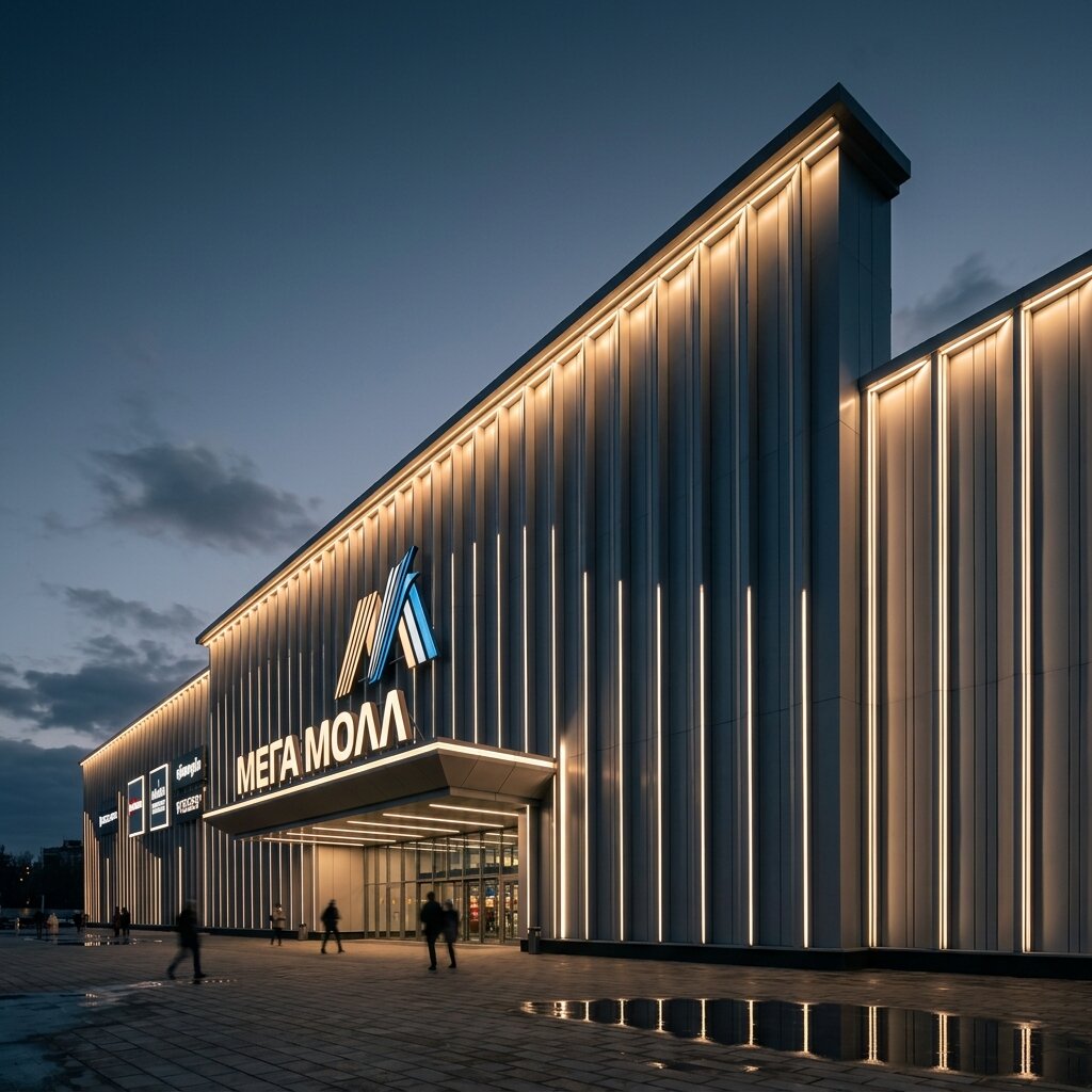 Архитектурная подсветка фасада торгового центра линейными светильниками и акцент на вывеске