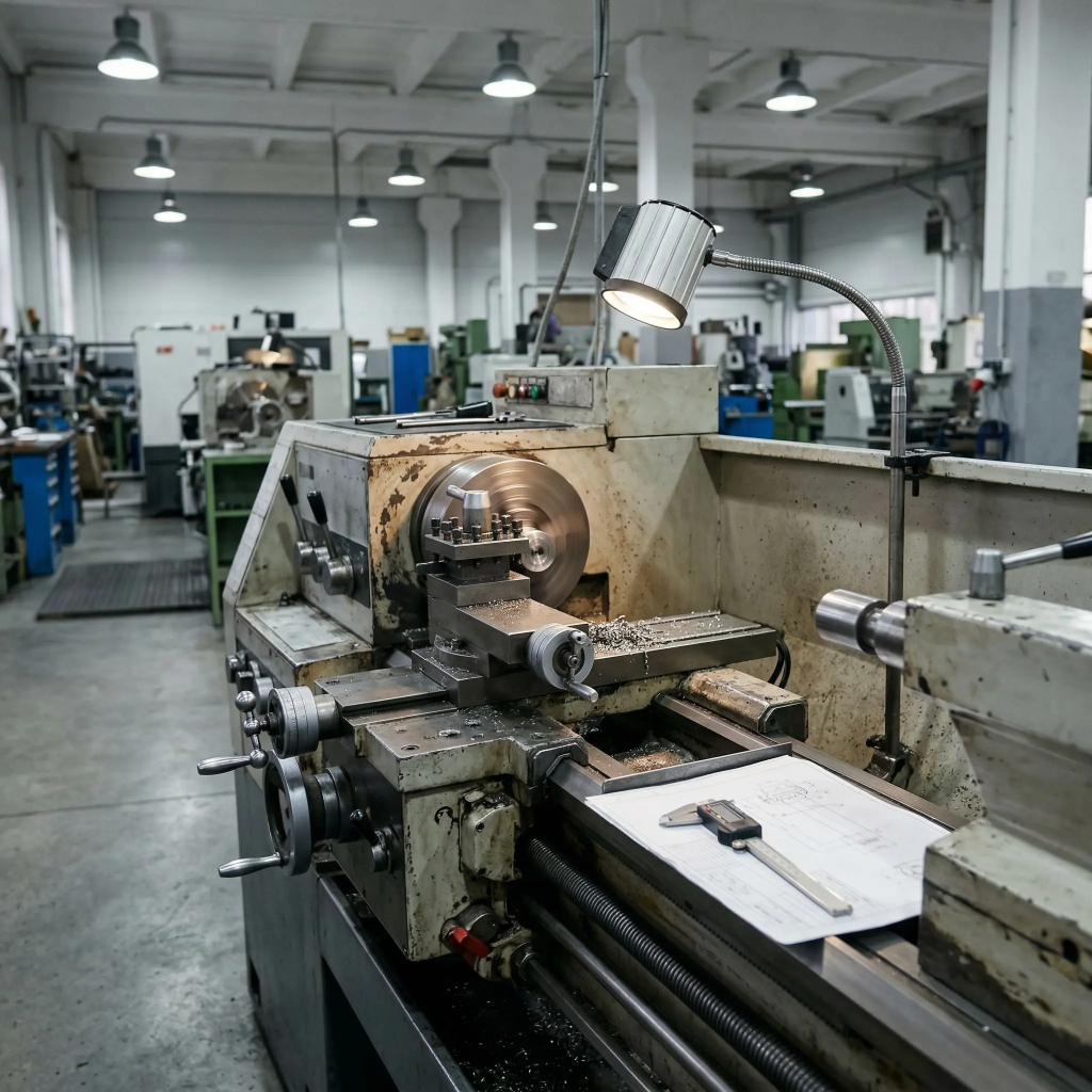 Локальное и общее освещение рабочего места у токарного станка в цехе металлообработки