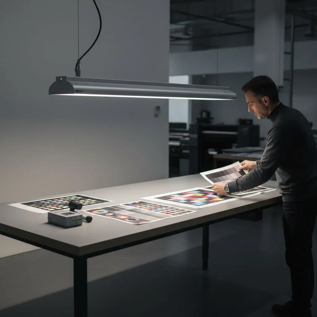 Печатный цех типографии с подвесными линейными светодиодными светильниками 5000K