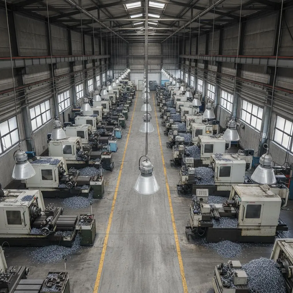 Освещение цеха металлообработки подвесными промышленными светодиодными светильниками