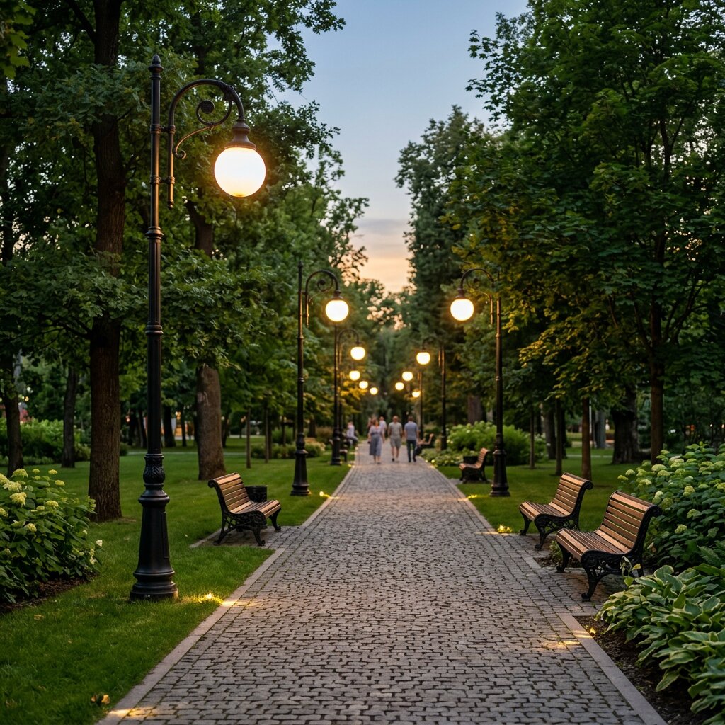 Декоративные парковые опоры освещения высотой 4 метра на пешеходной аллее в благоустроенном парке