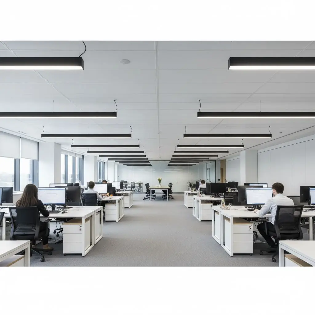 Освещение офиса open space подвесными линейными светильниками над рядами рабочих мест