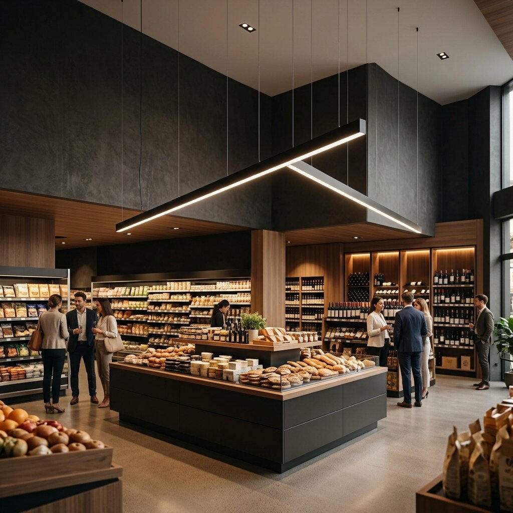 Нестандартный линейный подвесной светильник над островной выкладкой премиального супермаркета