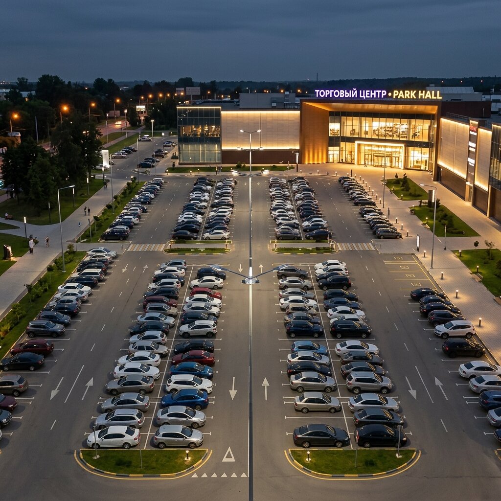 Освещение парковки торгового центра мачтами с LED-светильниками в вечернее время