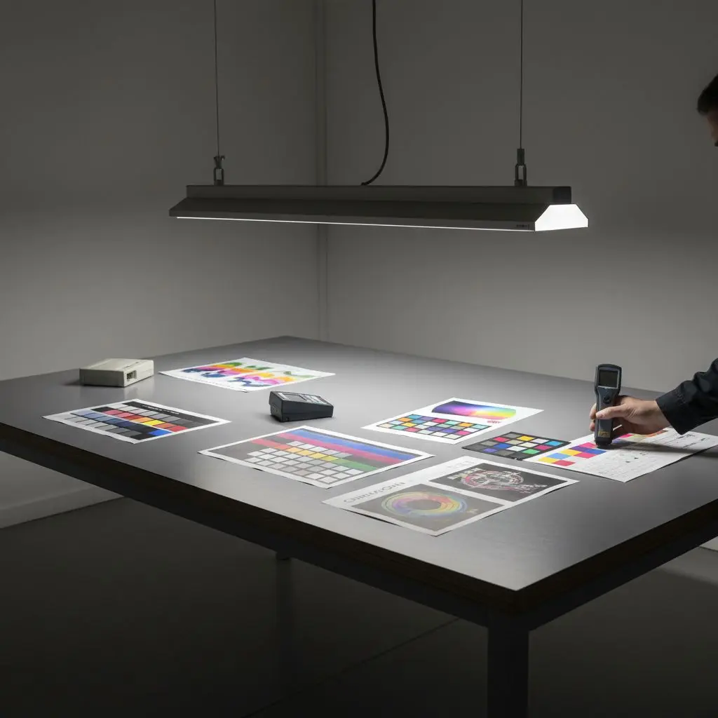 Просмотровый стол в цветокорректорской типографии под линейным светильником 5000K с высоким CRI