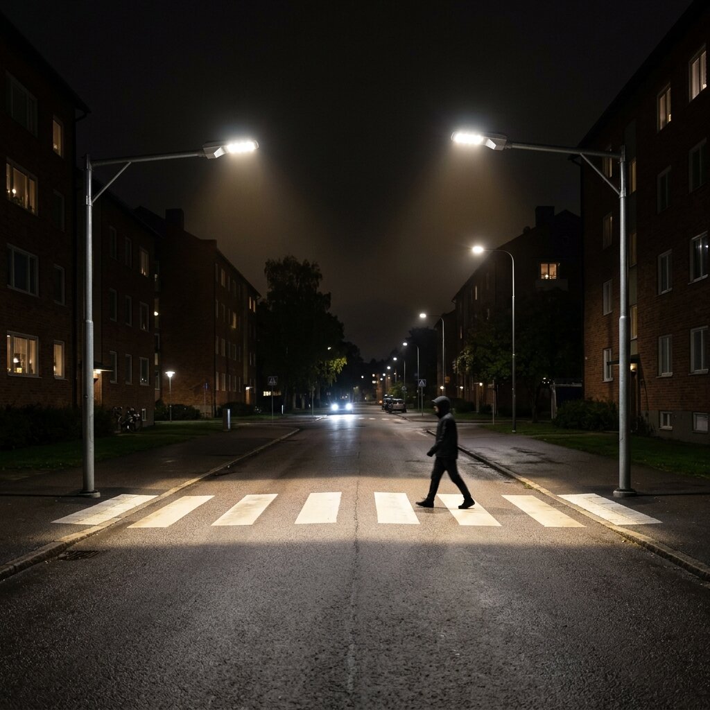 Контрастное освещение пешеходного перехода консольными светодиодными светильниками над зеброй ночью