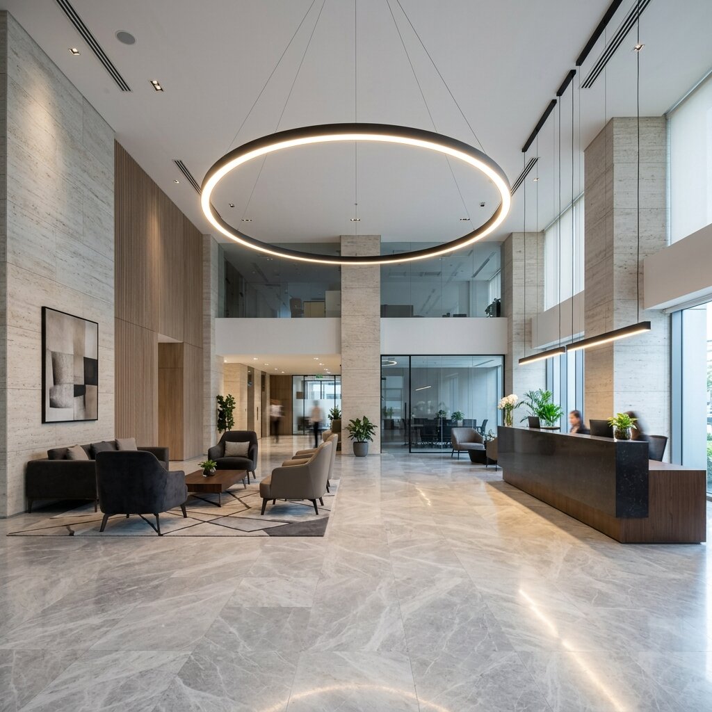 Кольцевая диммируемая люстра и линейные светильники в лобби бизнес-центра