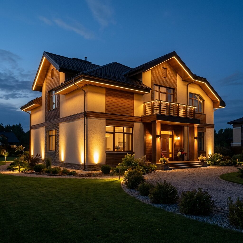 Художественная подсветка фасада загородного дома заливающим и контурным светом