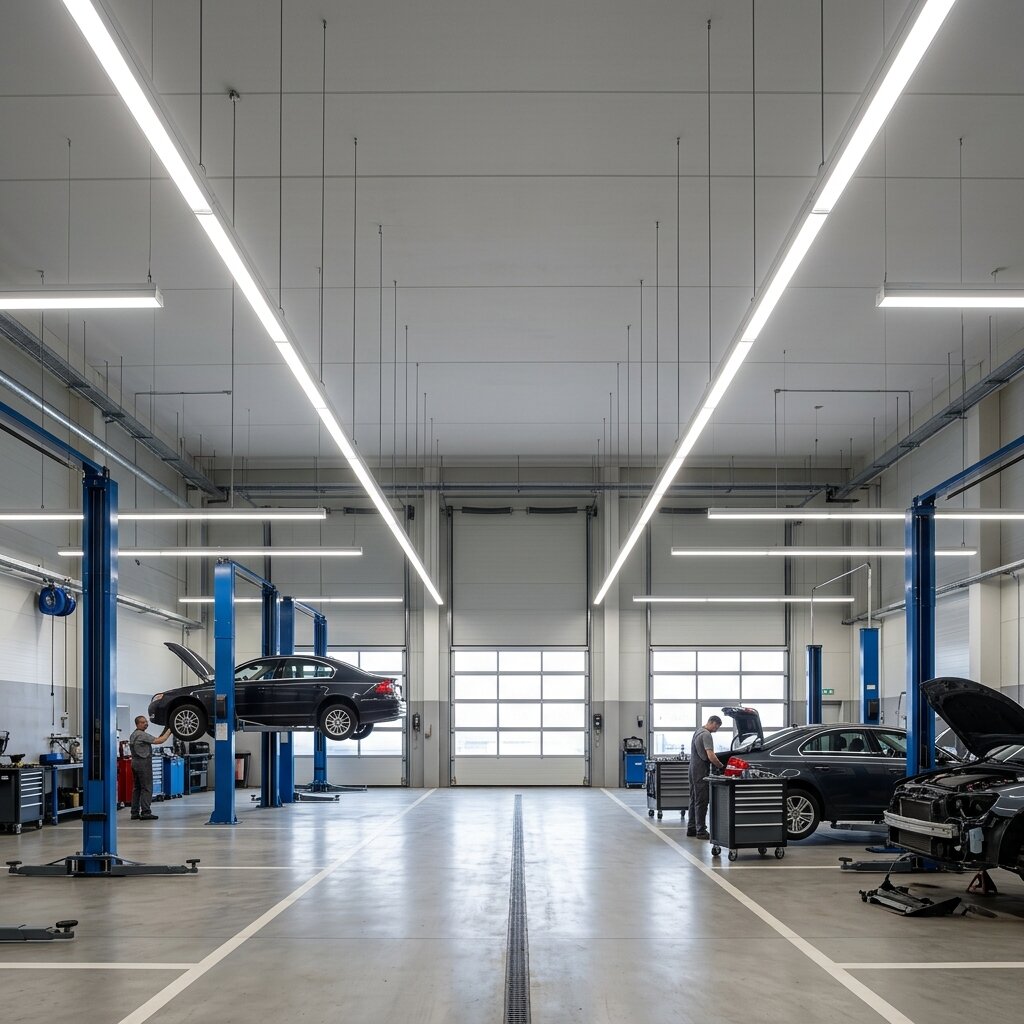 Освещение бокса автосервиса линейными светодиодными светильниками над постами с подъемниками