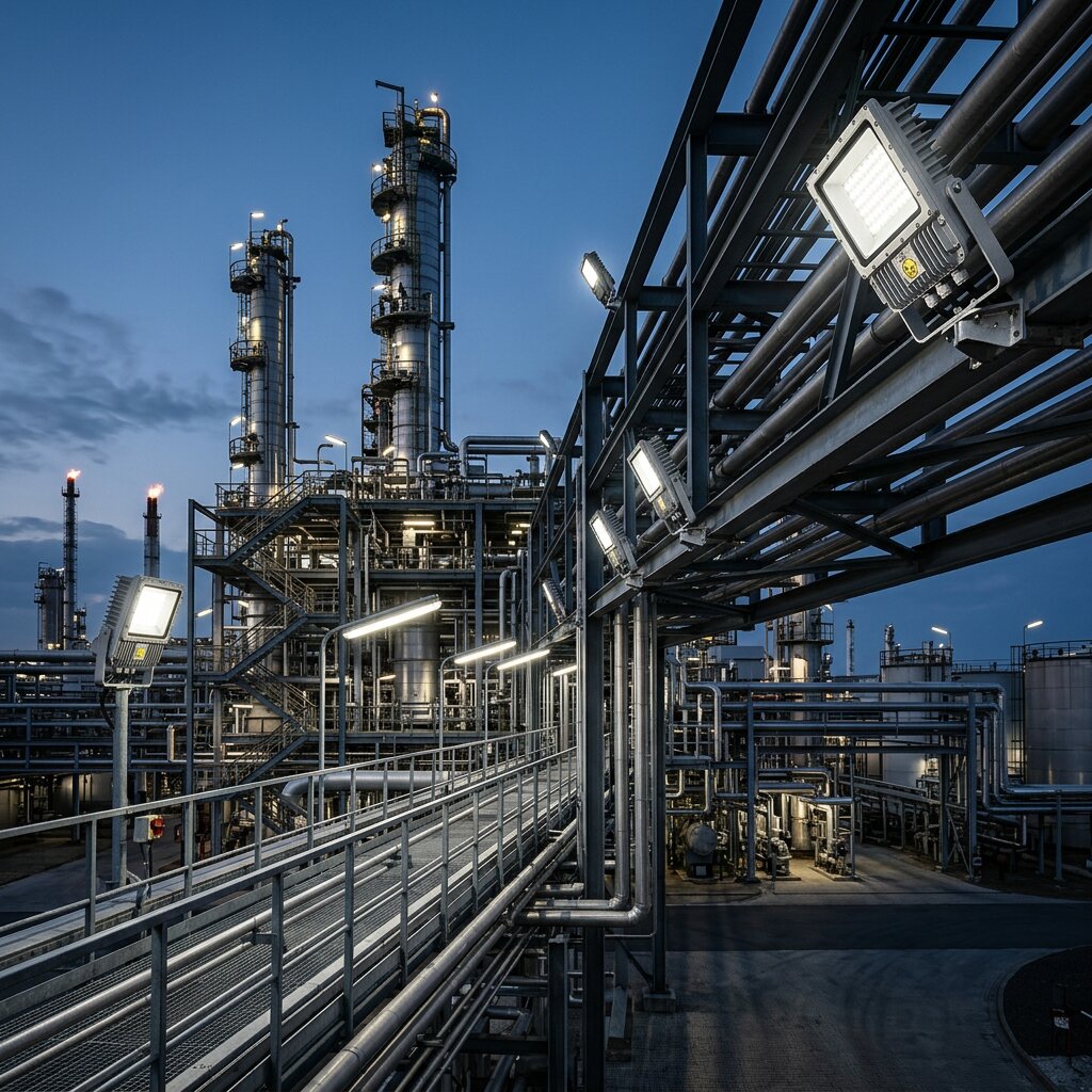 Взрывозащищённое освещение нефтеперерабатывающего завода в сумерках