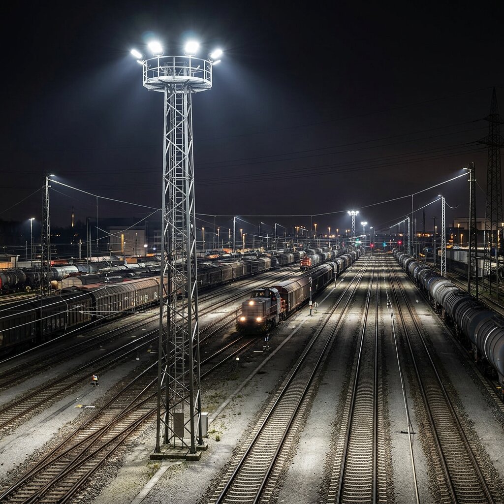 Освещение ЖД станций прожекторами с высокомачтовой опоры в ночное время