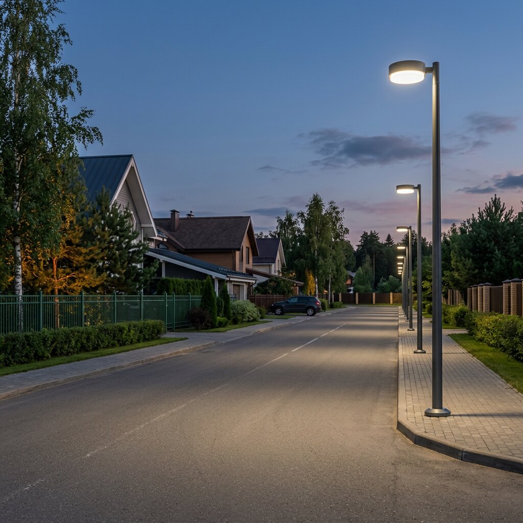 Уличное освещение внутренней дороги коттеджного посёлка парковыми светодиодными светильниками на опорах