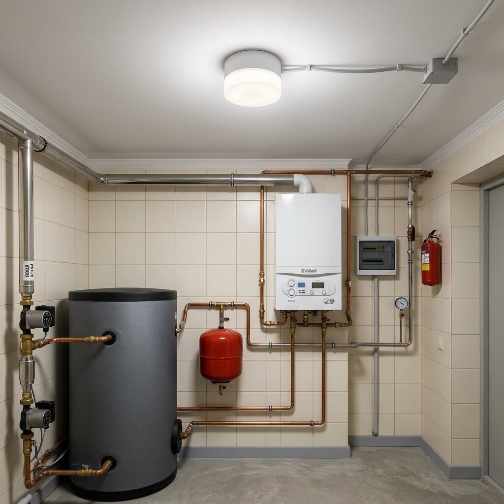 Освещение котельной частного дома — накладной LED-светильник IP65 рядом с газовым котлом