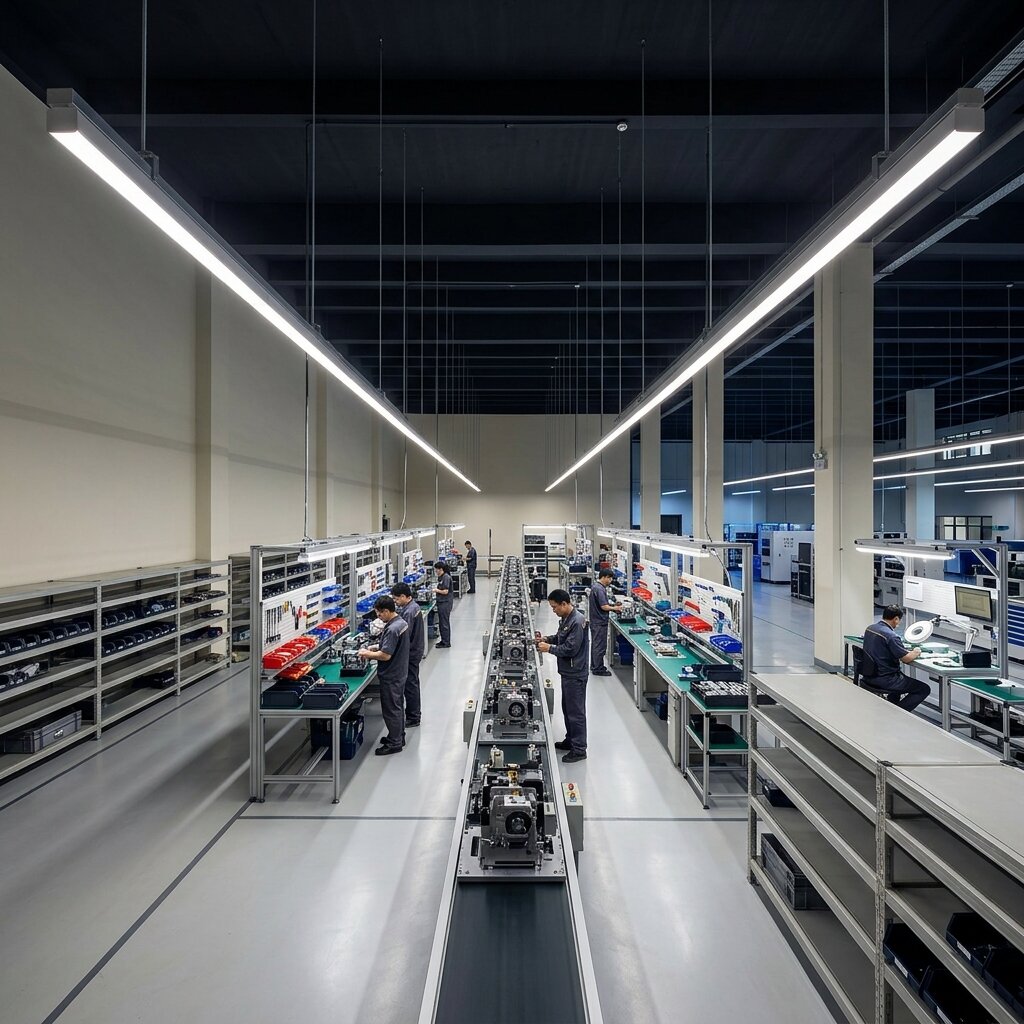 Освещение сборочного цеха: подвесные линейные светильники над конвейерной линией и рабочими постами