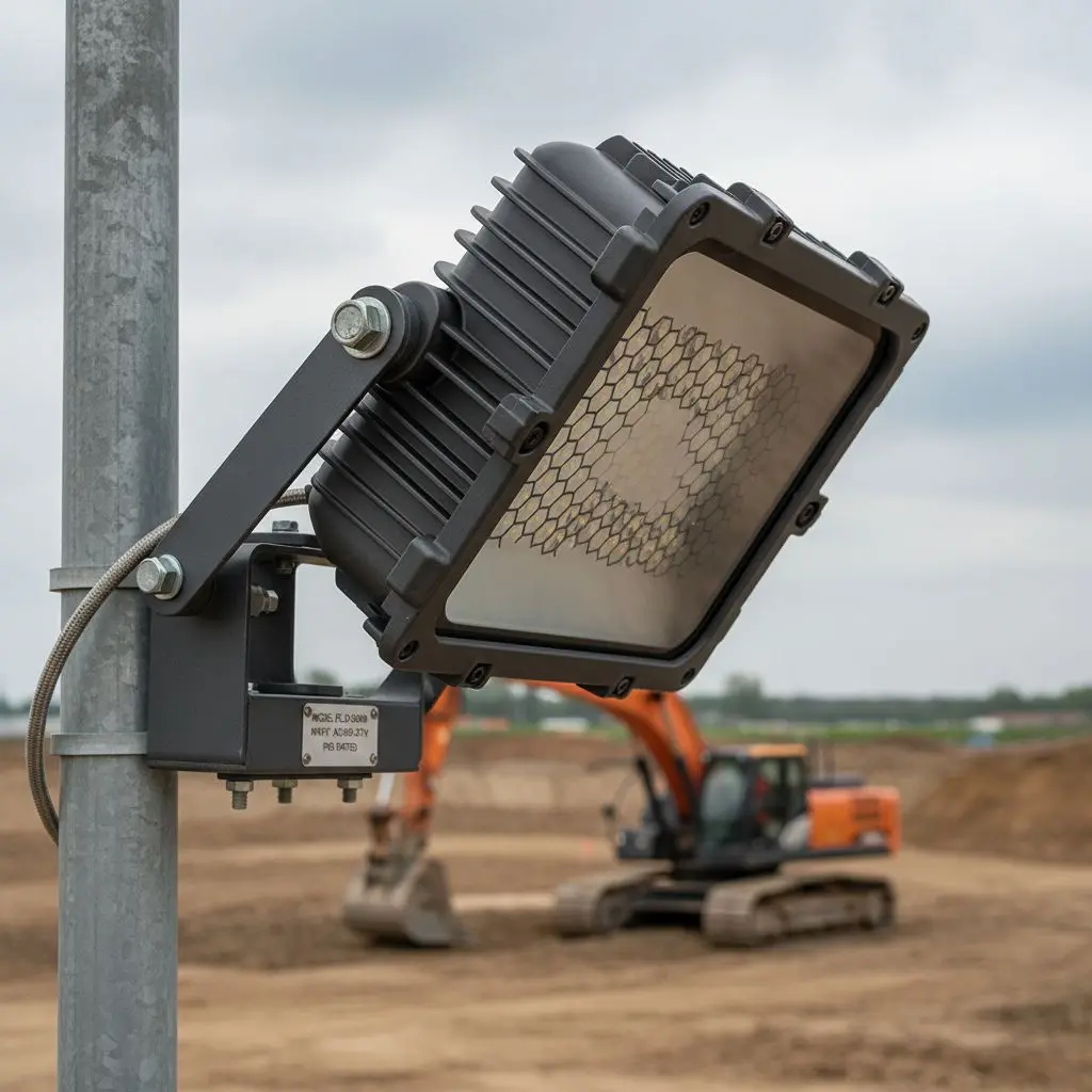 Светодиодный прожектор для освещения строительной площадки на металлической опоре