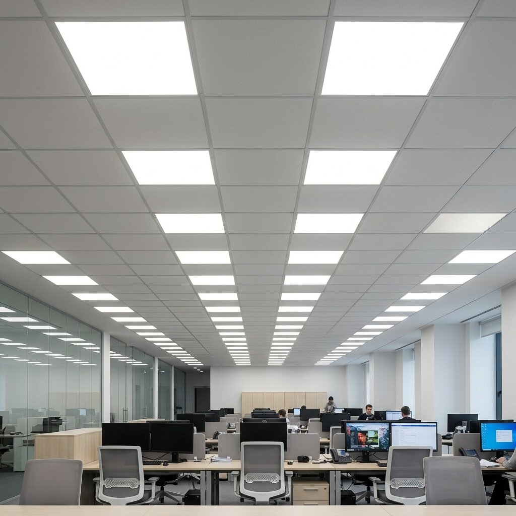 Современный офисный опен-спейс с потолком Армстронг и светодиодными панелями 600х600