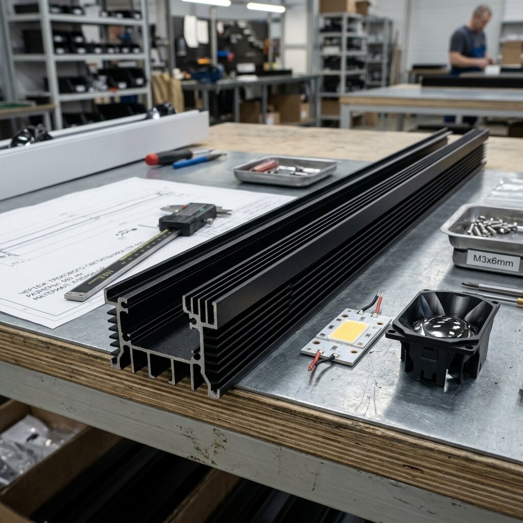 Производство трекового светодиодного светильника: алюминиевый профиль, модуль и оптика на сборочном столе