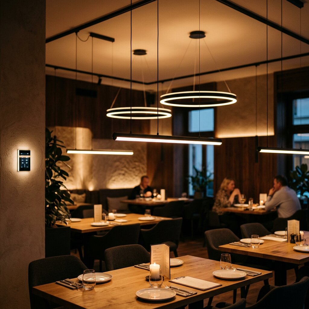 Диммируемое освещение в ресторане с подвесными светодиодными светильниками
