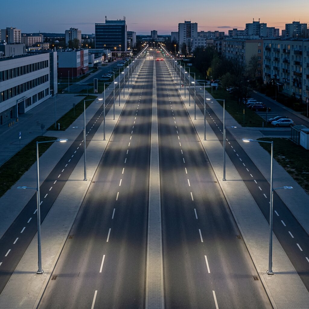 Шахматная расстановка опор наружного освещения высотой 10 метров на городском проспекте с перекрывающимися световыми пятнами
