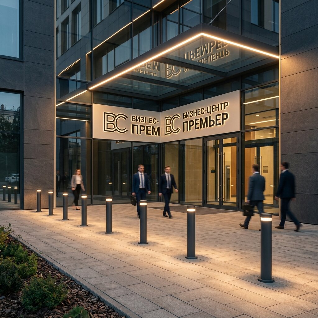 Освещение входной группы офисного бизнес-центра с линейной подсветкой козырька и болардами