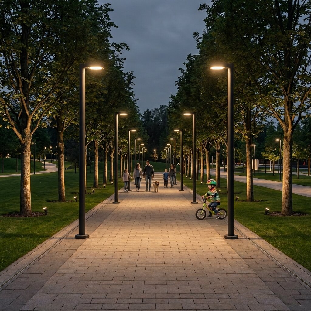 Парковая аллея с LED-светильниками на опорах и акцентной подсветкой деревьев