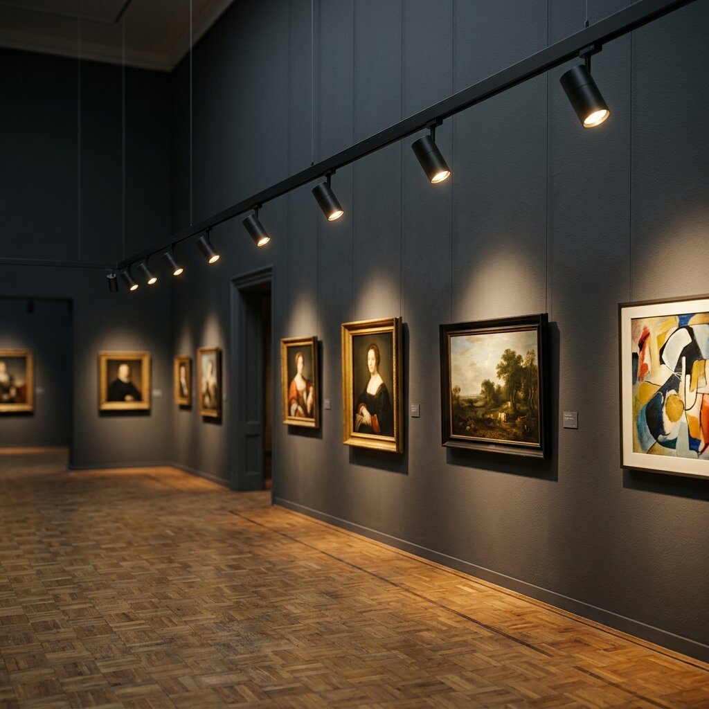 Акцентное освещение картин в экспозиционном зале музея трековыми светодиодными светильниками