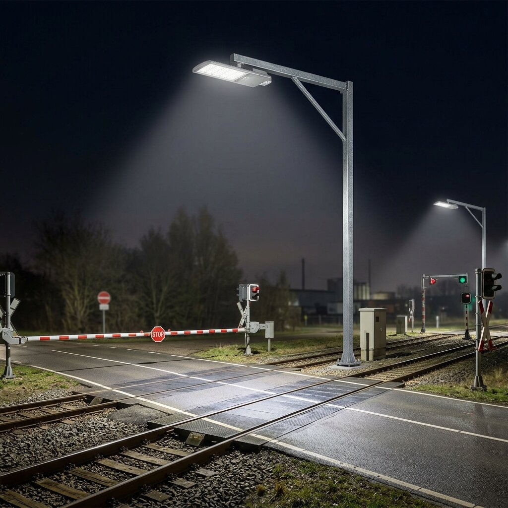 Освещение ЖД переездов консольным уличным светильником на опоре в ночное время