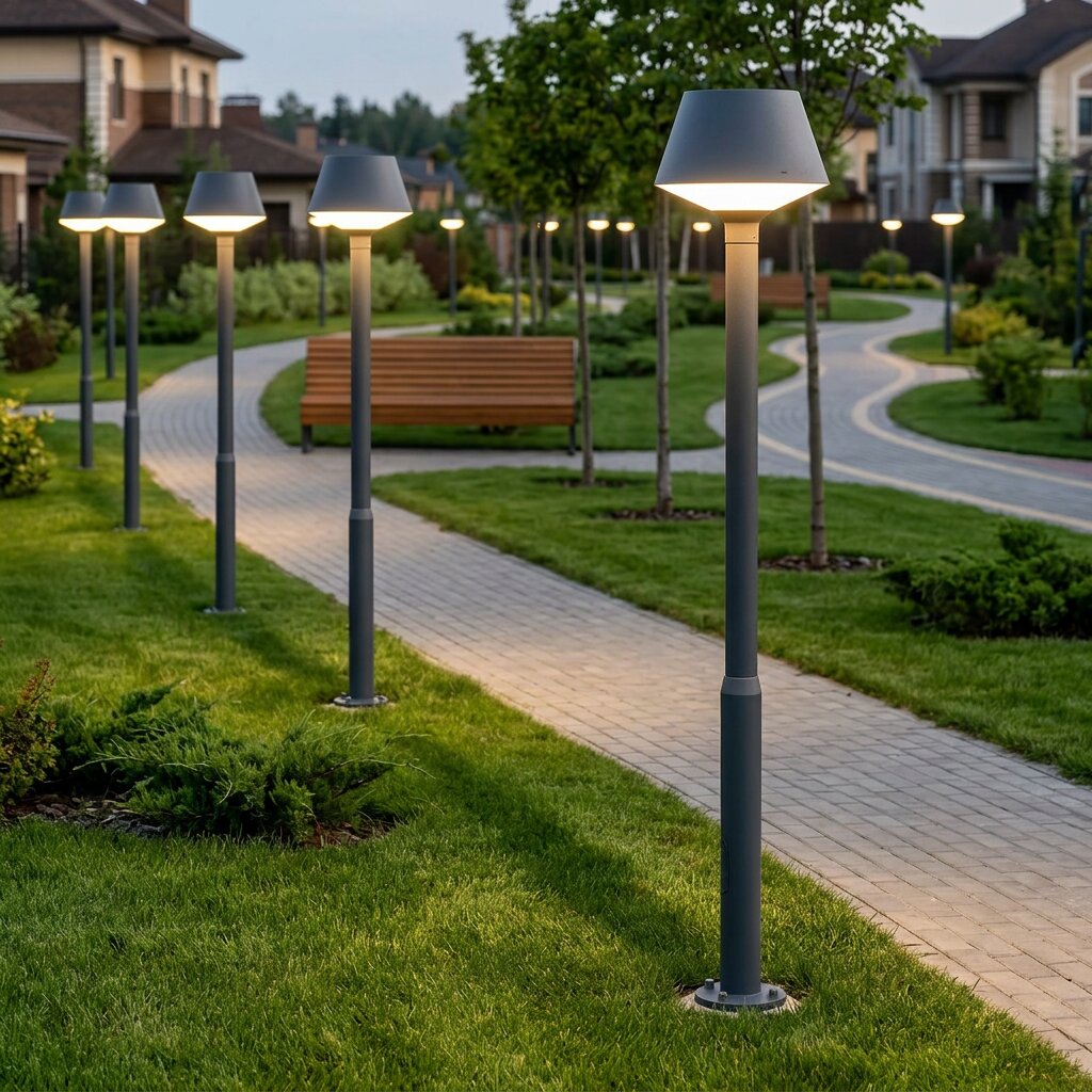 Парковые светодиодные светильники на пешеходной аллее в коттеджном посёлке