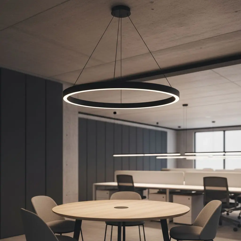 Кольцевой подвесной светильник над переговорным островком в офисе open space