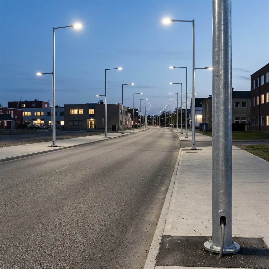 Металлические опоры наружного освещения высотой 8 метров вдоль городской улицы со светодиодными консольными светильниками