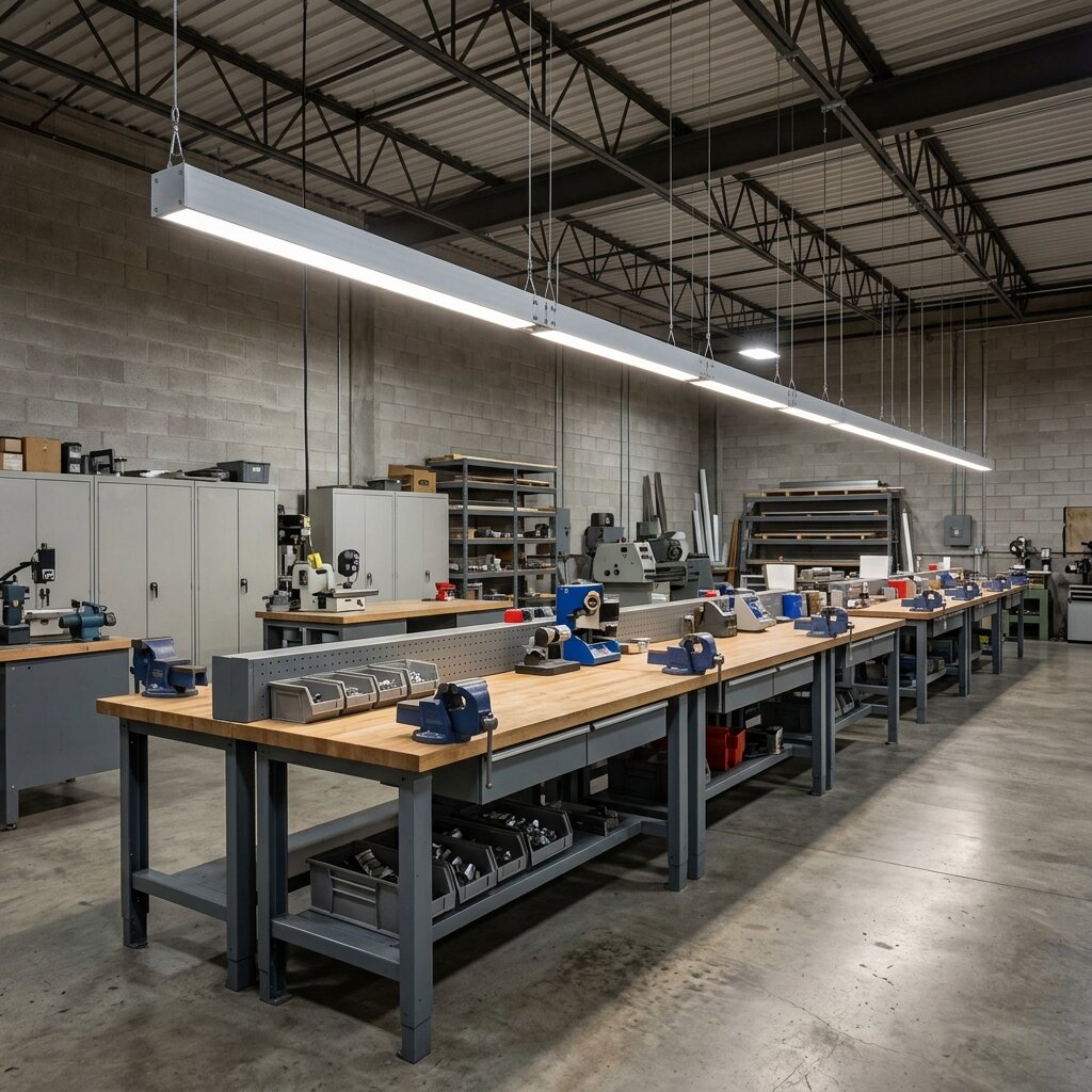 Линейный светодиодный светильник нестандартной длины над рядом слесарных верстаков