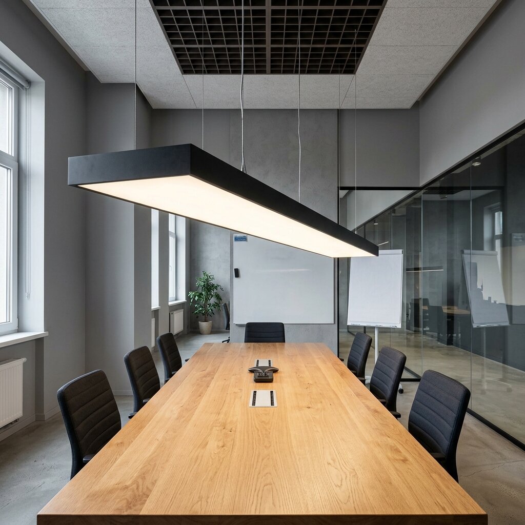 Нестандартный прямоугольный подвесной светильник над офисным переговорным столом