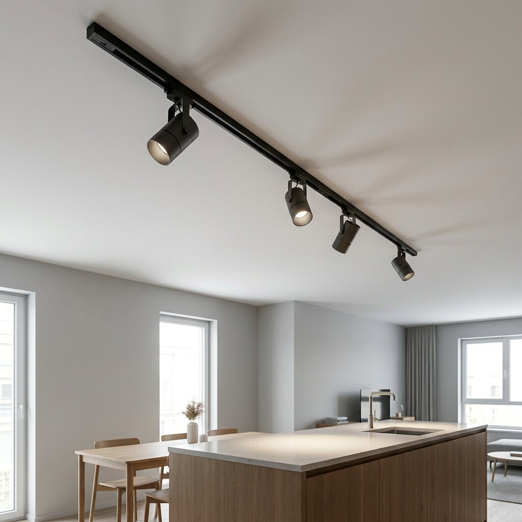 Трёхфазный шинопровод с поворотными трековыми светильниками над кухонным островом в студии