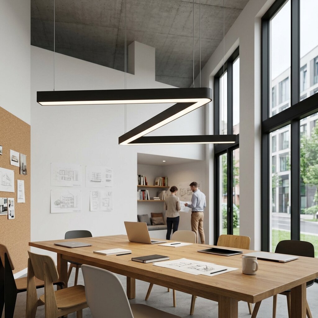 Нестандартный фигурный светодиодный светильник в дизайнерском офисе