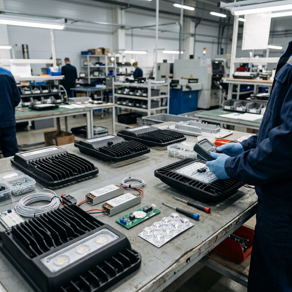 Производство светодиодных светильников для охранного освещения на заводе DC-Light в Санкт-Петербурге