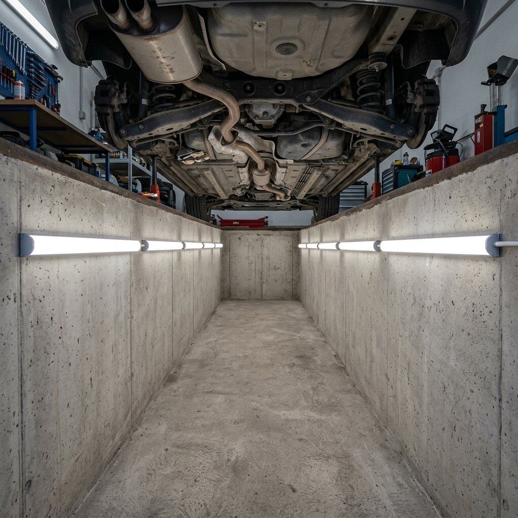 Освещение смотровой ямы в гараже герметичными линейными светодиодными светильниками по боковым стенам