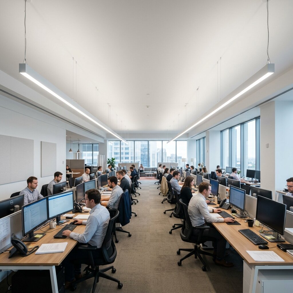 Подвесные линейные светодиодные светильники в офисе open space — равномерное освещение рабочих мест