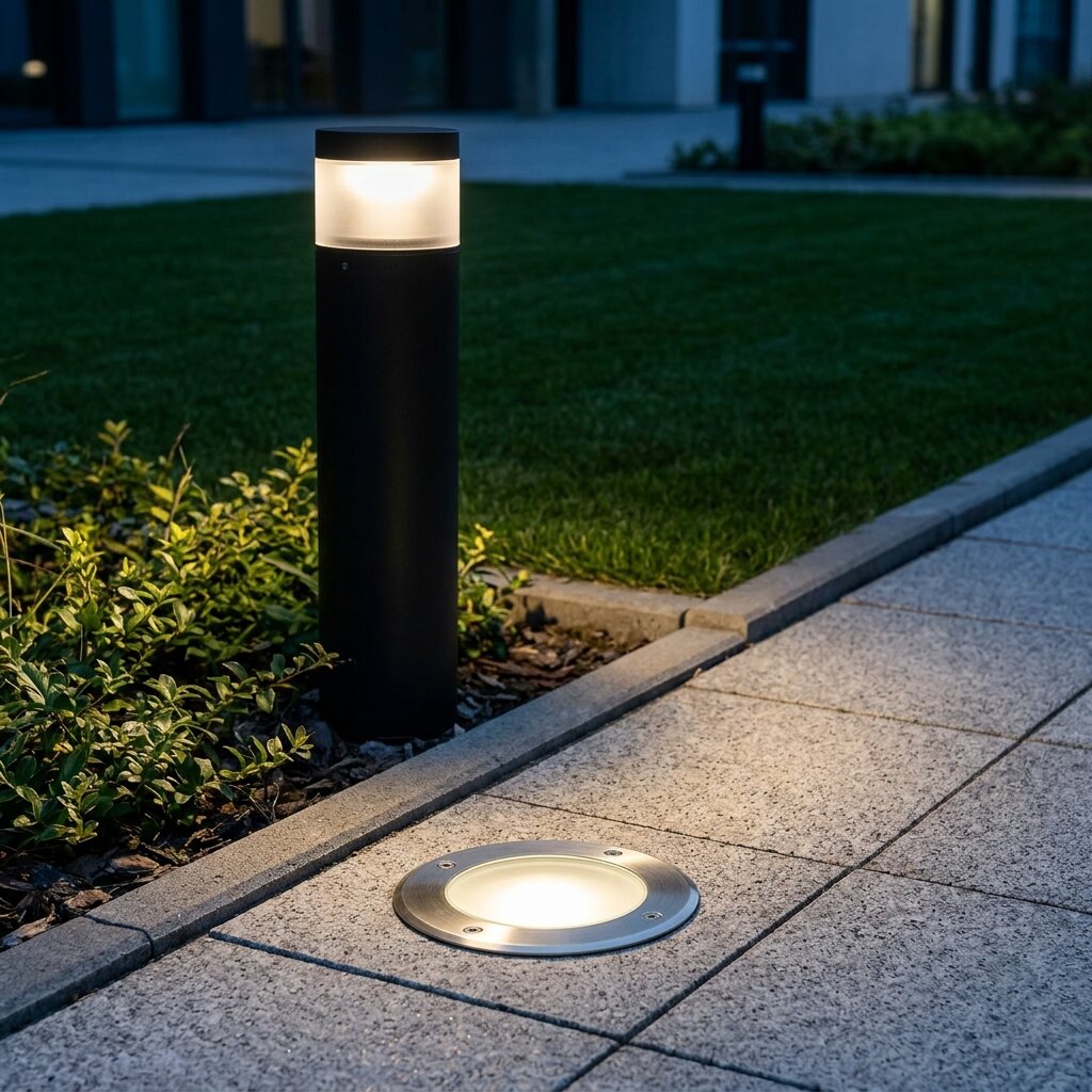 Грунтовый встраиваемый LED-светильник и парковый болард для ландшафтного освещения дорожки